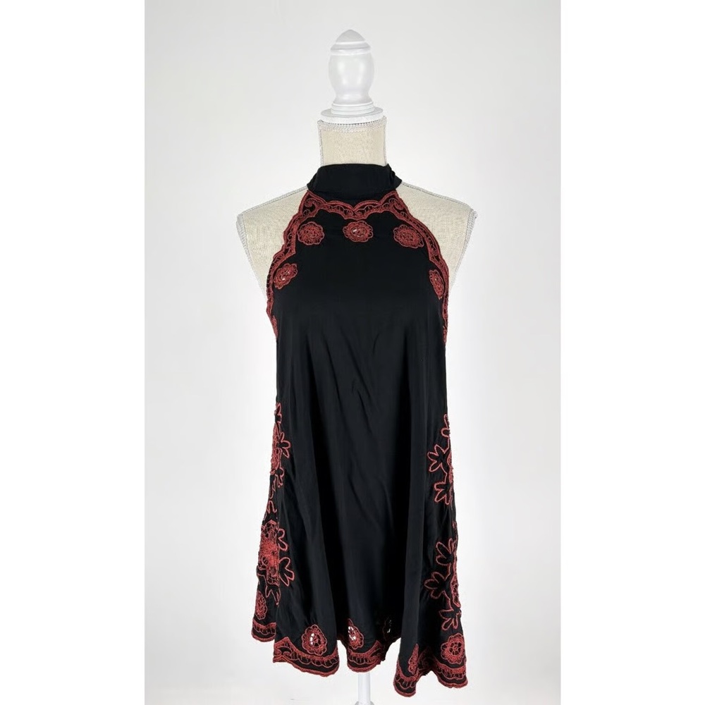 NWT Cleobella Open-Back Black Dress with Red Embroidery